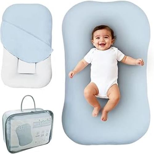 Aila + Aiden Baby Lounger | Organic Cotton Infant Lounger | Adjustable & Portable Floor Lounger | Supervised Use | Soft, Breathable, Washable Cover - Snuggle Collection - (Blue)