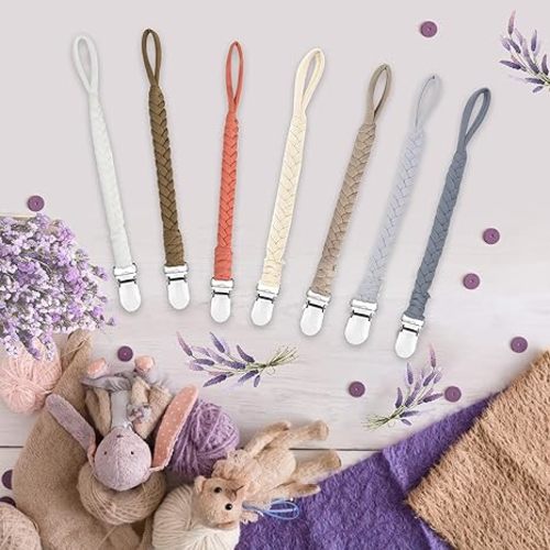 7 Pcs Braided Pacifier Clips for Boys and Girls, Pacifier Holder Baby Binky Clips Handmade Cotton Modern Unisex Pacifier Smoother Clip Fits All Pacifiers for Shower Birthday Gifts