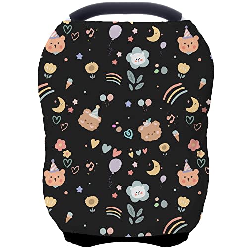 Car Seat Covers for Baby Girls, Cartoon Printing Carseat Canopy Cover for Breastfeeding (Black Bear)