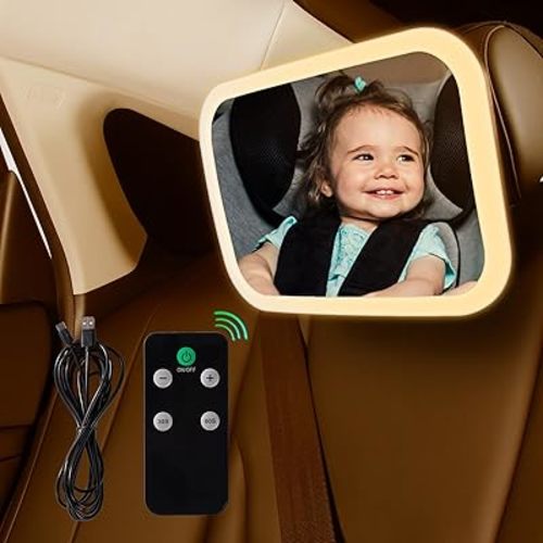 Baby Car Mirror with Light, 3000mAh Rechargeable, Shatterproof, Adjustable Rear-Facing Infant Mirror for Car Seats, Wide View, 360° Rotation, with Remote Control, Safe Travel for Newborns, Toddlers