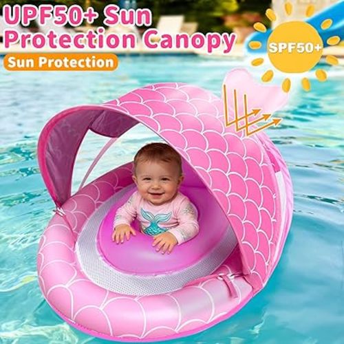 Baby Float with Canopy for Age 6-36 Months, UPF50+ Sun Protection 4 Stage Adjustable Canopy Dual Air Chambers Adjustable Safety Seat Inflatable Swim Pool Float for Baby Toddler