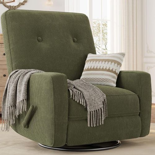 Nursery Recliner Chair, 360° Swivel Rocking Glider Chair with Adjustable Backrest & Footrest, Cozy Linen Upholstered Armchair for Bedrooms, Green