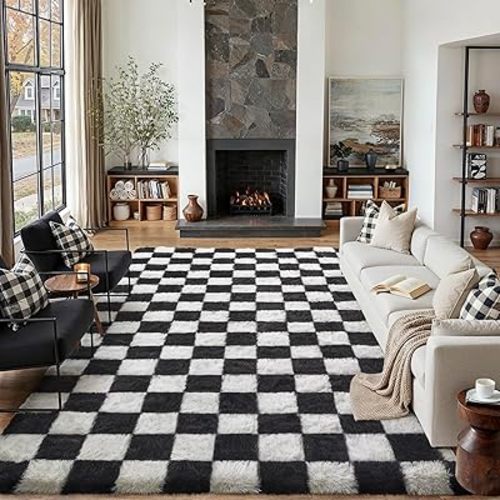 Checkered Rug 8x10 for Living Room Black and White Soft Shag Rugs