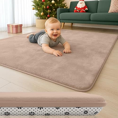 Thick Padded Baby Floor Play Mat 1.2" Cushioned Velvet Surface Non Slip Bottom High Density Foam Safe and Soft Floor Mat for Infants Toddlers and Playpen Use (Lightbrown, 50X 50)