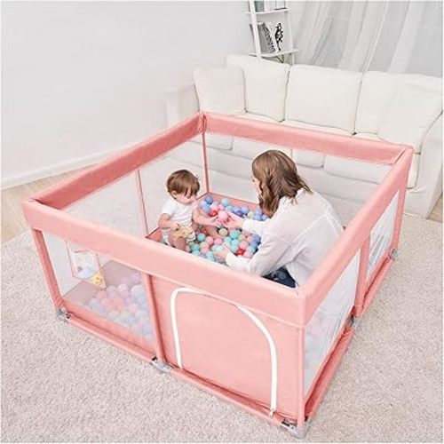 PandaEar Large Playpen for Toddlers, Sturdy Baby Play Yards with Soft Breathable Mesh, Indoor & Outdoor Kids Activity for Infant Safety (50"50") (Pink)