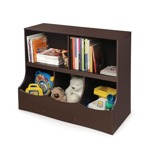 Badger Basket Multi-Bin Toy Storage Organizer and Bookshelf - Kids Cubby Shelf with 3 Bins, 2 Open Shelves, Top Display Surface - Wood Storage Unit for Playroom or Bedroom - Espress