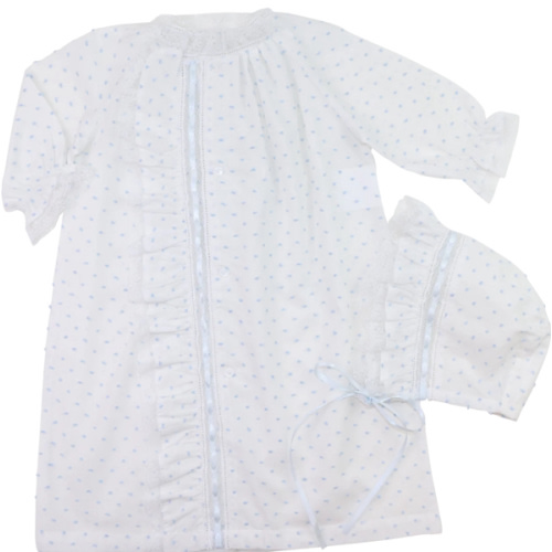Blue Swiss Dot Heirloom Ribbon Baby Gown And Bonnet – Cecil & Lou