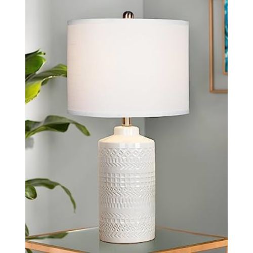 24.5" White Ceramic Table Lamp: 3-Way Dimmable Nightstand Lamp with White Linen Shade | Office Reading Lamp Bedside Lamp White Lamp for Bedrooms & Living Room (Bulb Included)