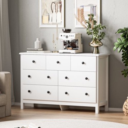 SINROM White Dresser for Bedroom Modern 7 Drawer Wood Double Dresser for Living Room