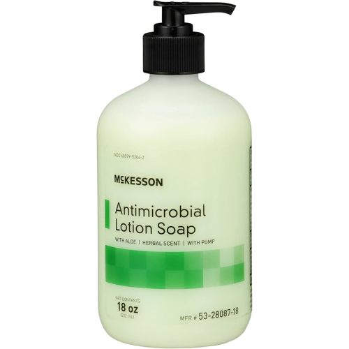 McKesson Antimicrobial Lotion Soap with Pump, Aloe, Herbal Scent, 18 oz, 12 Count