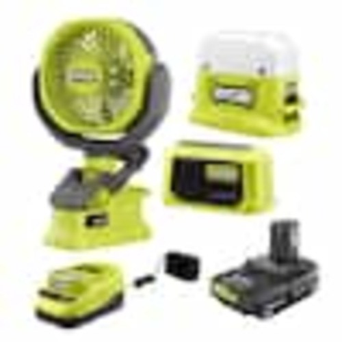 RYOBI ONE+ 18V Cordless 3-Tool Campers Kit with Area Light, Bluetooth Speaker, 4 in. Clamp Fan, 1.5 Ah Battery, and Charger PCL1303K1