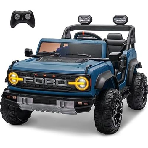 ENYOPRO 2 Seater Ride On Car for Kids, 24v Licensed Ford Bronco Raptor Electric Power Ride On Truck Toy with Remote Control, 4 Wheels Shock Absorption, Soft Start, Bluetooth, Radio, 3 Speed - Blue