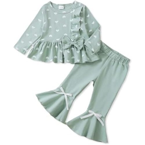 SUNNY PIGGY Baby Girl Clothes Toddler Girl Fall Winter Clothes Heart Print Long Sleeve T Shirt Flare Pants Set Infant Outfits