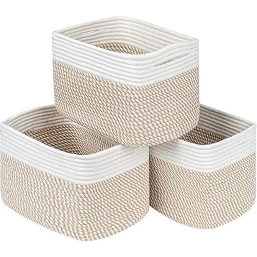 Rectangle Baby Nursery Gift Basket Set of 3,Decorative Woven Rope Basket Organizer,Soft&Sturdy Baskets for Organizing with Handles Mixed Blue
