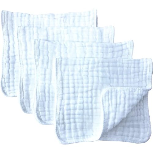 Synrroe Muslin Burp Cloths 4 Pack Large 20" by 10" 100% Cotton 6 Layers Extra Absorbent and Soft - White - Large 4 Pack
