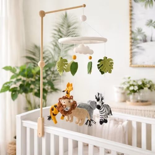Safari Animal Felt Baby Mobile, Jungle Animal Crib Mobile, Baby Shower's Gift, Felt Lion, Felt Giraffe, Felt Elephant, Felt Zebra, Monstera