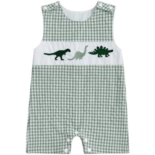 Newborn Baby Boy Girl Summer Outfit Farm Animals Pumpkin Embroidery Sleeveless Plaid Romper Shortall Smocked Jumpsuit