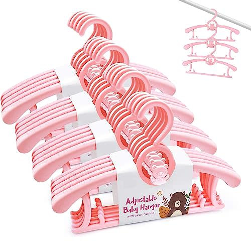 HGYZE Baby Hangers for Closet 20pcs, Pink Kids Clothes Hanger Plastic, 11-14" Adjustable Bulk Perchas for Newborn, Non-Slip Children Outfit Bear Hanger for Girl Boy Toddler Infant Nursery Clothing