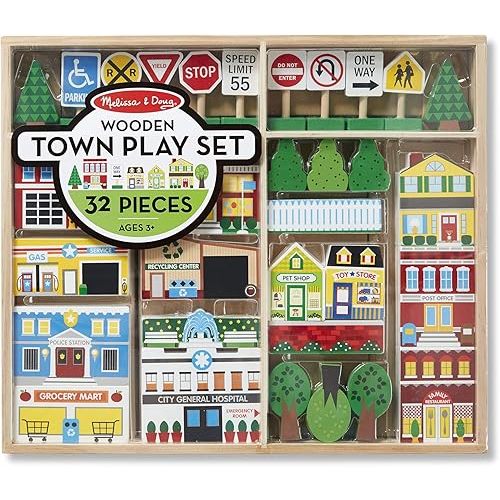 Melissa & Doug Wooden Town Play Set With Storage Tray (32 pcs) Pretend Play Wooden Town Set For Kids With Storage