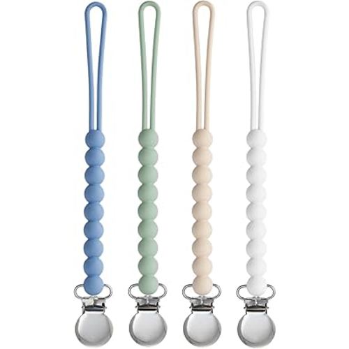 Pacifier Clip for Boys Girls - MORIBOX 4 Pack Paci Clip Soothie Baby Binky Holder for Shower Gift Birthday (Beige+White+Blue+Sage)