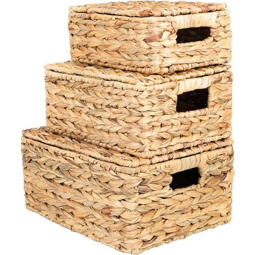 Wicker Storage Baskets, Hand-Woven Rectangular Wicker Basket with Lid for Bedroom & Living Room, Nesting Rattan Basket for Shelves (Water Hyacinth, 3-Pack)