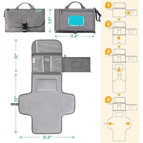 Kopi Baby Portable Diaper Changing Pad - Baby Changing Pad & Diaper Changer Travel Bag, Smart Design Baby Changing Mat, Portable Changing Pad for Baby - Baby Changing Station, Infant Gift - Grey