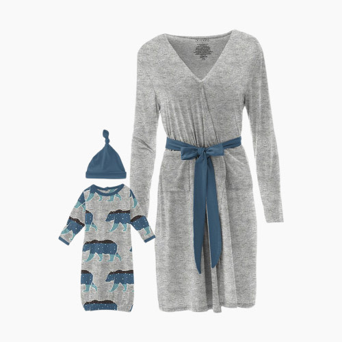 KicKee Pants Women's Print Maternity/Nursing Robe & Layette Gown Set - Heather Mist Night Sky Bear, M