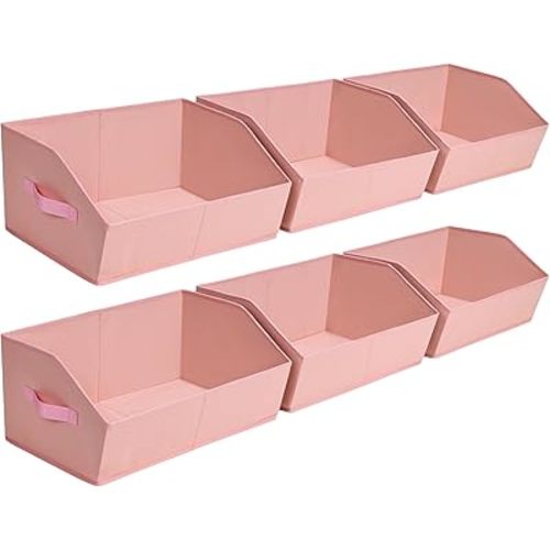 Closet Baskets for Shelves Trapezoid - Decorative Storage Baskets with Handle, Closet Bins for Organization, Shelf Storage Bins for Clothes, Books, Home, Office, 6 Pack, Pink