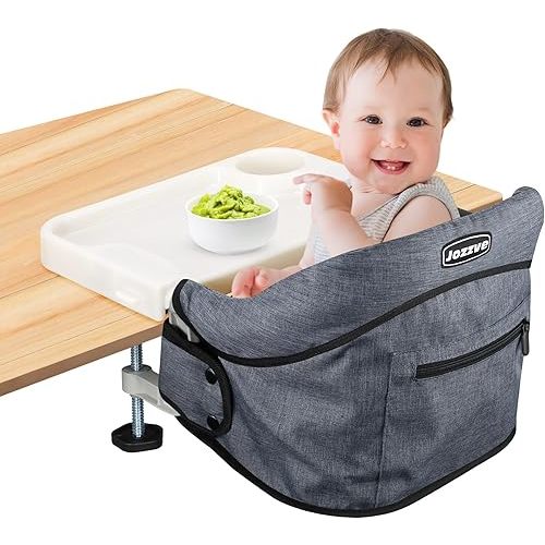 Hook On High Chair, Jozzve Clip on High Chair with Removable Dining Tray for Babies and Toddlers, Fold-Flat Storage Portable Baby Feeding Seat, Attach to Fast Table Chair for Home Travel (Grey)