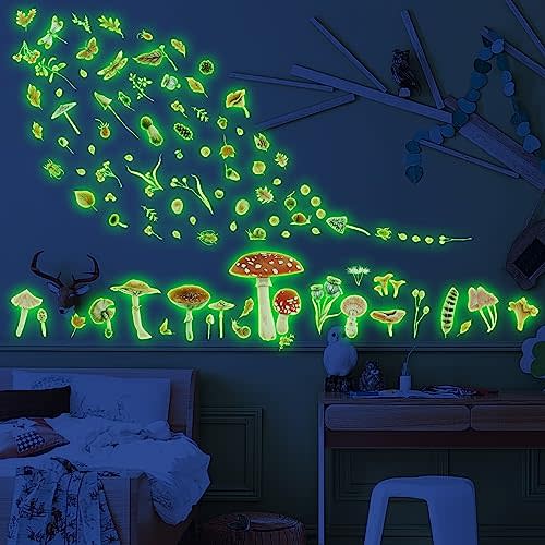 Glow in The Dark Mushroom Wall Decals Watercolor Woodland Mushroom Stickers for Ceiling Aesthetic Colorful Mushroom Decor Fall Leaf Baby Kids Girls Bedroom Nursery Decorations
