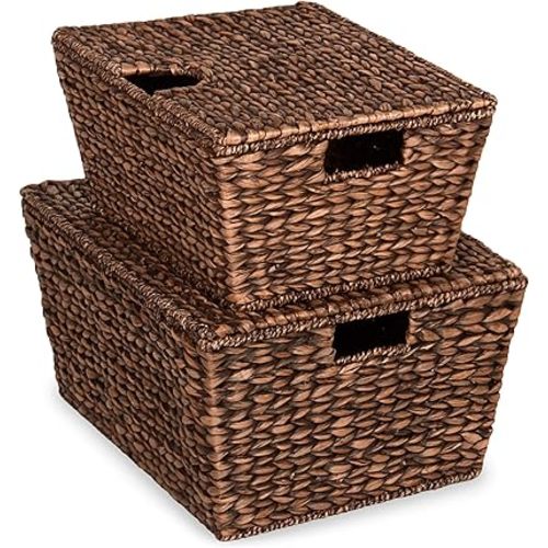Best Choice Products Set of 2 XL Multipurpose Classic Water Hyacinth Chests Oversized Woven Tapered Storage Basket for Organization, Laundry, Decoration w/Attached Lid, Handle Holes