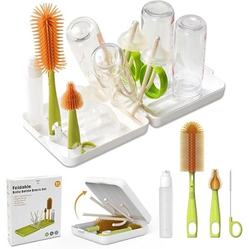 Travel Bottle Brush with Portable Bottle Drying Rack, Baby Bottle Brush for Baby Travel Essential, White