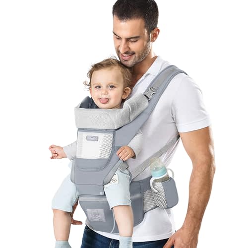 YSSKTC Baby Carrier Ergonomic Infant Carrier with Hip Seat Kangaroo Bag Soft Baby Carrier Newborn to Toddler 7-45lbs Front and Back Baby Holder Carrier for Men Dad Mom (Grey)
