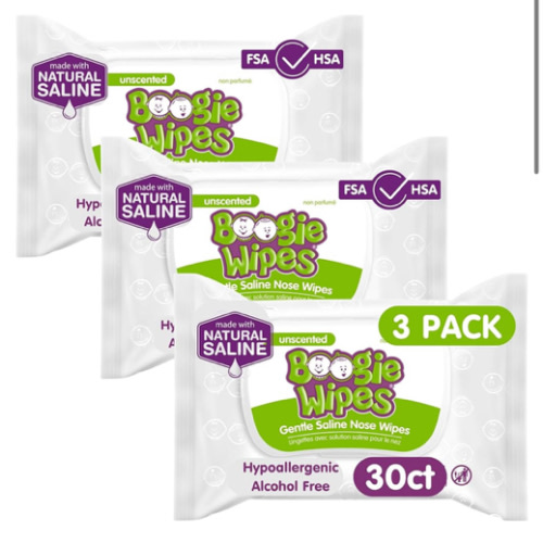Amazon.com: Saline Nose Wipes by Boogie, for Baby & Kids, Face, Hand & Body, FSA/HSA Eligible, Made with Vitamin E, Aloe, and Natural Saline, Unscented, 30 Count (Pack of 3) : Baby