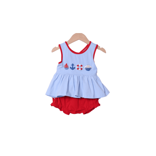 French Knot Boat Captain Blue/Red Cross Back Bloomer Set