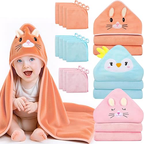 14 PCS Baby Towels, 3 PCS Soft Hooded Baby Towels & 11 PCS Washcloths, Baby Bath Towels for Newborns, Infants & Toddlers, Ultra Absorbent, Cute Baby Towel Gift for Girls