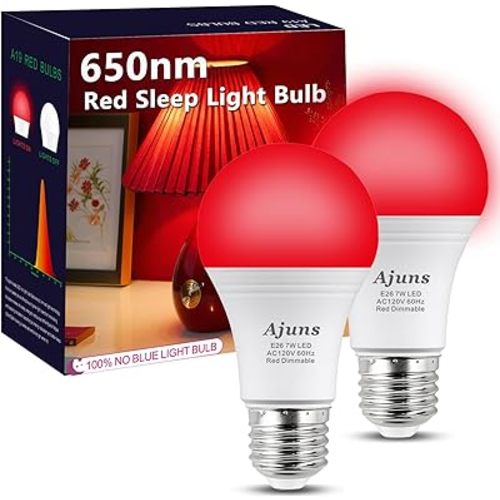 LED Red Sleep Light Bulb Dimmable, 100% Blue Light Blocking Bulb 650nm Promoting Melatonin Red Light Bulbs, A19 7W E26 Base Dim Light Bulbs for Bedroom, Baby Nursery,2 Packs