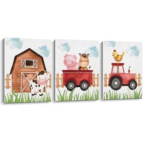 Watercolor Farmhouse Nursery Decor Canvas Wall Art Farm Cute Animal Chicken Cow Pig Wall Decor Artwork Poster Prints for Home Living Room Kids Boys Bedroom Classroom Decoration,3PCS,Framed,11.4x15IN