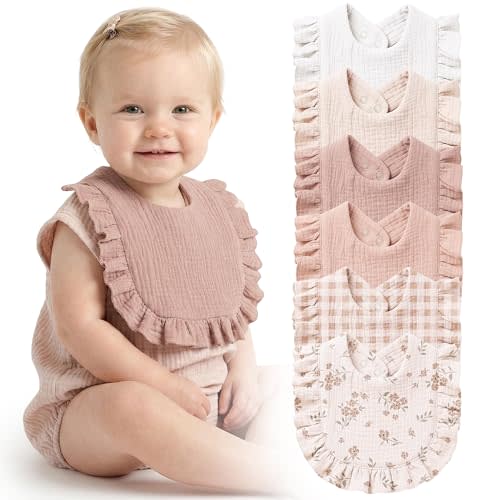 Konssy 6-Pack Muslin Baby Bibs for Girls, Soft 100% Cotton Drool Bibs with Ruffle Trim, Adjustable Infant Feeding Bibs