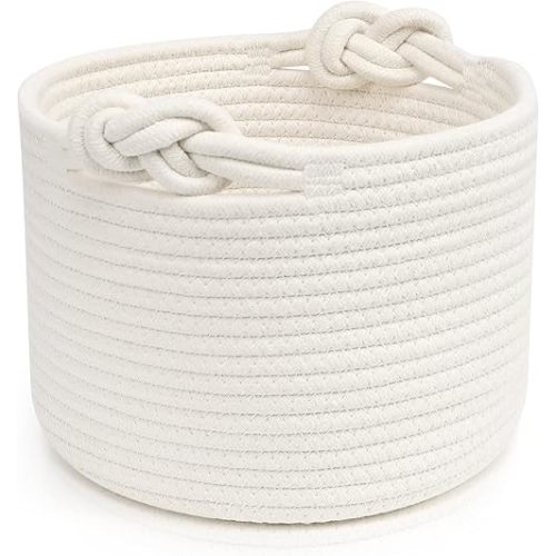 ABenkle Small Woven Basket, Cotton Rope Shelf Storage Basket, Small Round Easter Basket, Cute Basket, Decorative Round Bin for Nursery Bedroom Bathroom, 9.4" x 9.4"x 7.1" Empty Gift Basket