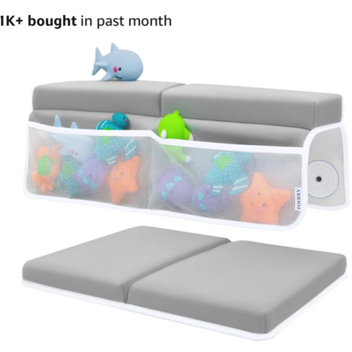 Comfortable Baby Bath Kneeler and Elbow Rest Pad Set – Thick Memory Foam Bath Kneeling Pad with Elbow Support – Baby Bathtub Cushion with Toy Organizer for Bathing Infant or Toddler - Grey