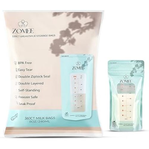 Zomee Disposable 8 oz Breast Milk Storage Bags w/Double Zipper Seal – Count – Leak-Proof – Self-Standing Breast Milk Storage Solution for Fridge or Freezer - Mutiple Count Packs (Pack of 360)
