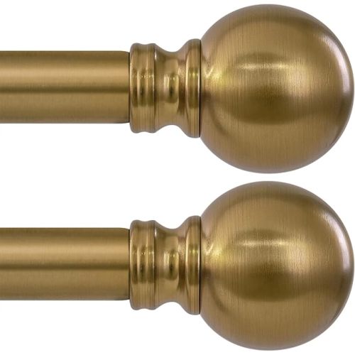 2 Pack Warm Gold Curtain Rods for Windows 28 to 48 Inch 1" Diameter Short Small Vintage Brass Adjustable Heavy Duty Antique Brushed Bronze Metal Decorative with Finials for Living Room Bedroom Kitchen