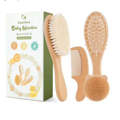 Yoofoss 4 Piece Baby Brush and Comb Set, Wooden Baby Brush with Natural Ultra Soft Goat Hair, Baby Hair Brush for Newborn, Baby Brush Set for Boy Girl