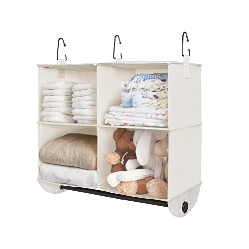 StorageWorks Hanging Closet Organizer with Garment Rod, 4 Section Closet Hanging Shelves, Hanging Clothes Cube Organizer, White & Ivory, 12 ¼" D x 24 ½" W x 28" H