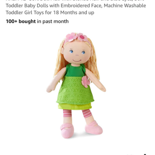 HABA 12" Soft Baby Doll Annelie with Blonde Hair, Embroidered Face, Removable Red Dress and Matching Hairband - Washable Toddler Doll for 18 Months+
