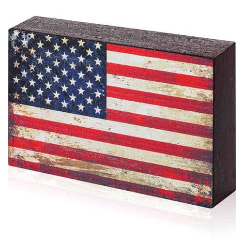 Sintuff Patriotic Wooden American Flag Box Sign 4th of July Wood Block Patriotic Wall Art US Flag Tiered Tray Decorations for Memorial Veterans Day Tabletop Decorations, 7 x 4.7 x 1.6 Inch (Retro)