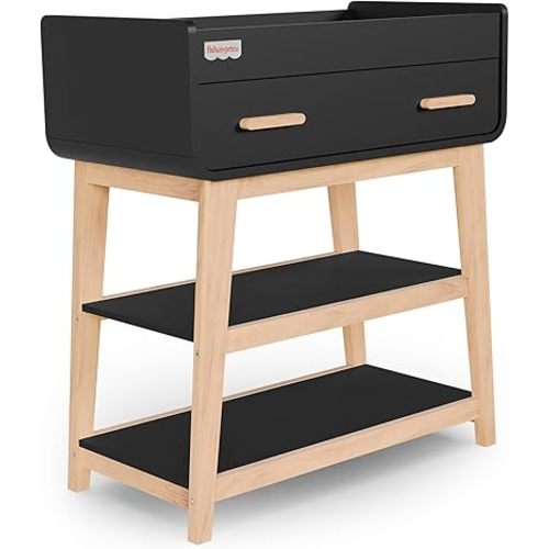 Fisher-Price Iris/Siesta Changing Table by Dream On Me, Matte Black Vintage Oak, JPMA & Greenguard Gold Certified, with a Bottom Closed Drawer and Two Open Shelves for Storage