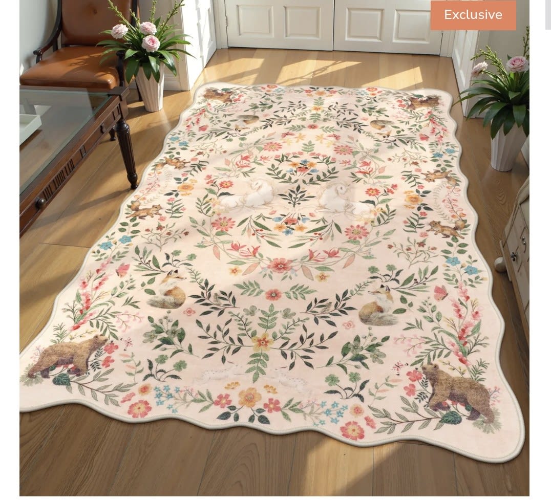 Elysia Washable Maximalist Unicorn Garden Scalloped Pink Rug