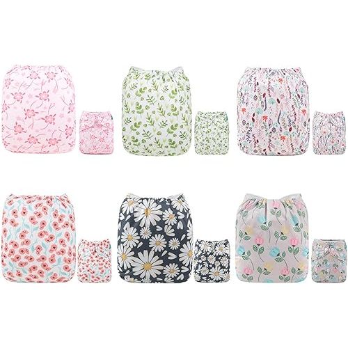 ALVABABY 6 Pack Cloth Diaper with 12 Inserts One Size Adjustable Washable Reusable Diaper Cover for Baby Girls and Boys Dinosaur